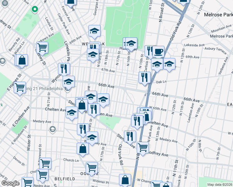 map of restaurants, bars, coffee shops, grocery stores, and more near 6515 North Smedley Street in Philadelphia