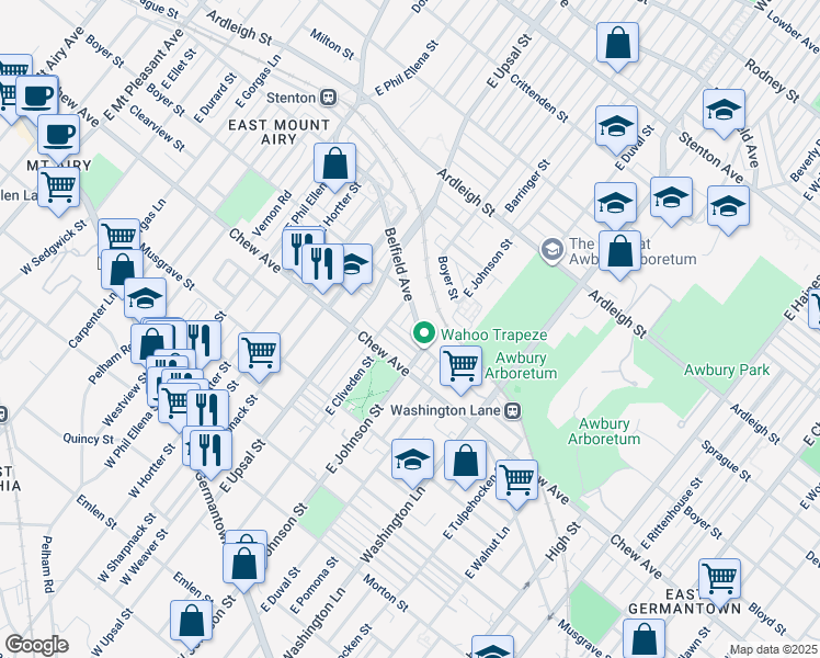 map of restaurants, bars, coffee shops, grocery stores, and more near 6410 Belfield Avenue in Philadelphia