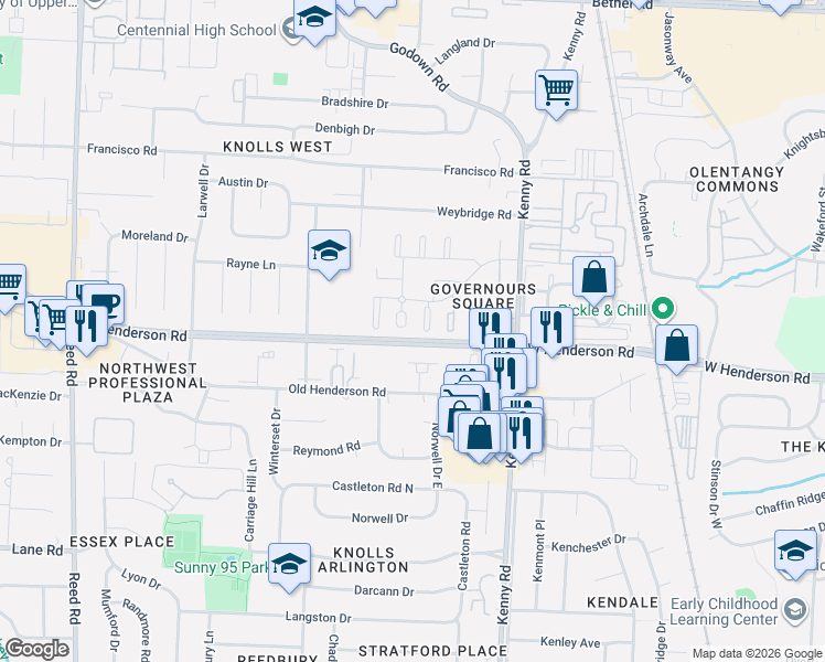 map of restaurants, bars, coffee shops, grocery stores, and more near 1268 Old Henderson Square in Columbus
