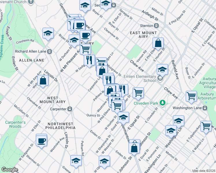 map of restaurants, bars, coffee shops, grocery stores, and more near 6745 Germantown Avenue in Philadelphia