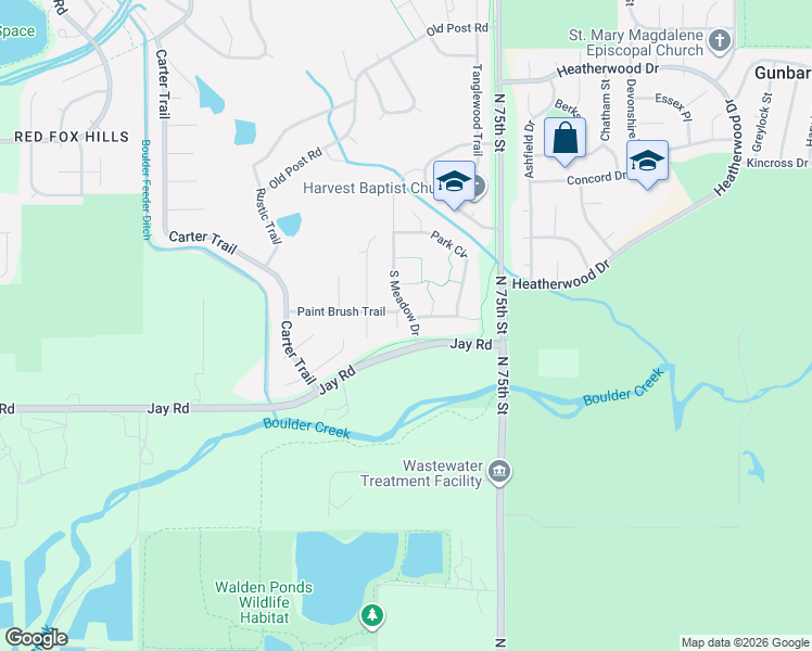 map of restaurants, bars, coffee shops, grocery stores, and more near 7390 Park Place in Boulder