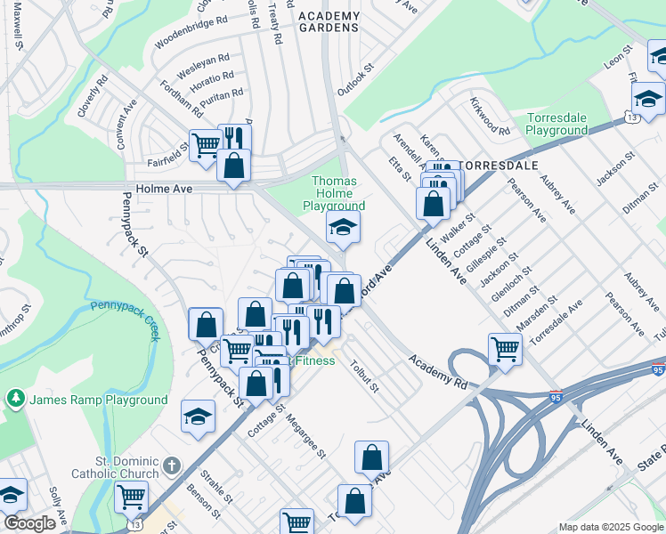 map of restaurants, bars, coffee shops, grocery stores, and more near 9115 Academy Road in Philadelphia