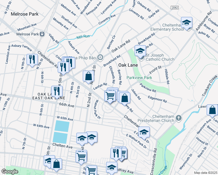 map of restaurants, bars, coffee shops, grocery stores, and more near 508 Lanfair Road in Melrose Park