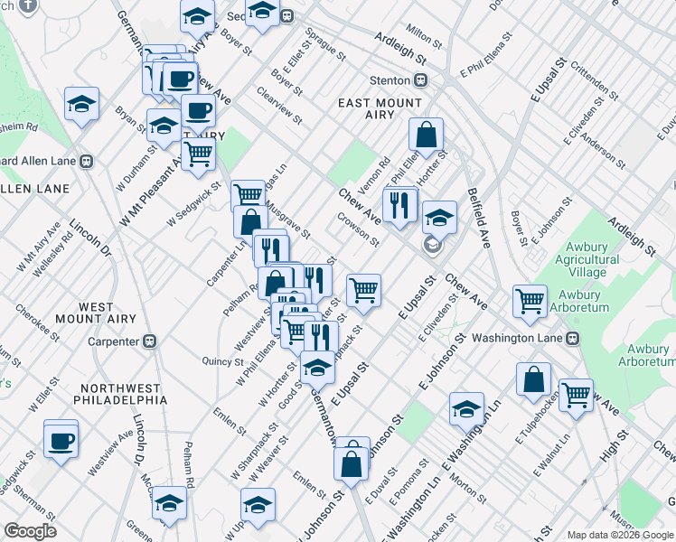 map of restaurants, bars, coffee shops, grocery stores, and more near 94 East Springer Street in Philadelphia