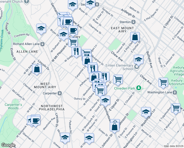 map of restaurants, bars, coffee shops, grocery stores, and more near 6745 Germantown Avenue in Philadelphia