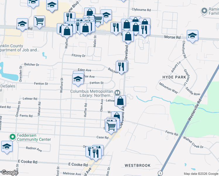 map of restaurants, bars, coffee shops, grocery stores, and more near 2287 Ashley Drive in Columbus