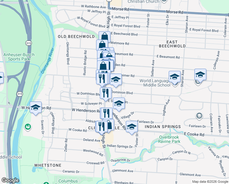 map of restaurants, bars, coffee shops, grocery stores, and more near in Columbus