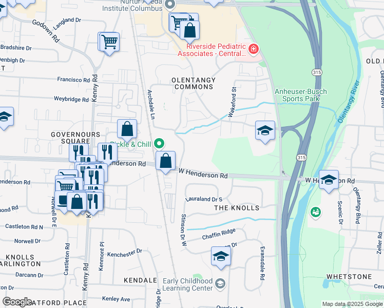 map of restaurants, bars, coffee shops, grocery stores, and more near 4590 Knightsbridge Boulevard in Columbus
