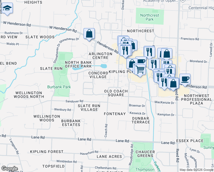 map of restaurants, bars, coffee shops, grocery stores, and more near 4751 Coach Road in Columbus