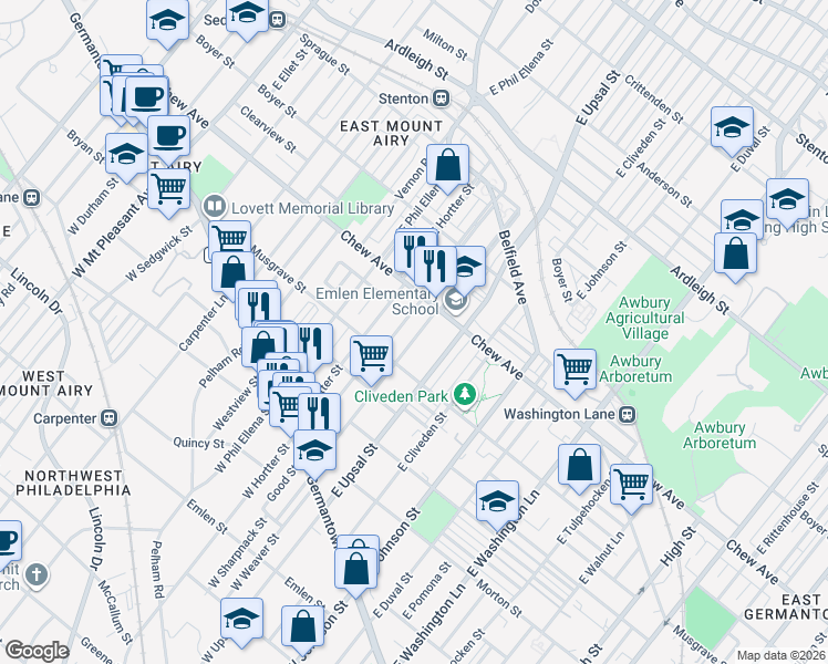 map of restaurants, bars, coffee shops, grocery stores, and more near 224 East Sharpnack Street in Philadelphia