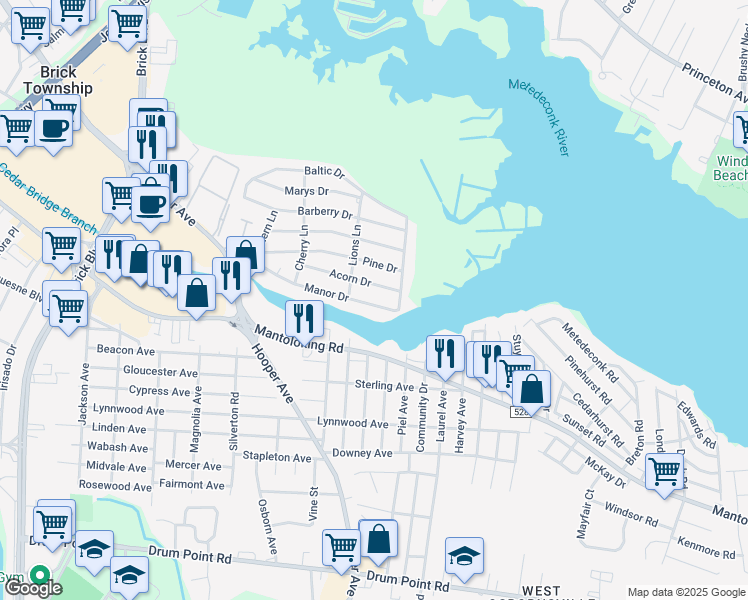 map of restaurants, bars, coffee shops, grocery stores, and more near 764 Manor Drive in Brick