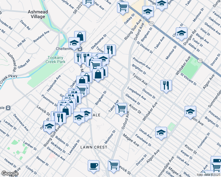 map of restaurants, bars, coffee shops, grocery stores, and more near 605 Knorr Street in Philadelphia