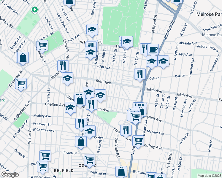 map of restaurants, bars, coffee shops, grocery stores, and more near 6535 North 17th Street in Philadelphia