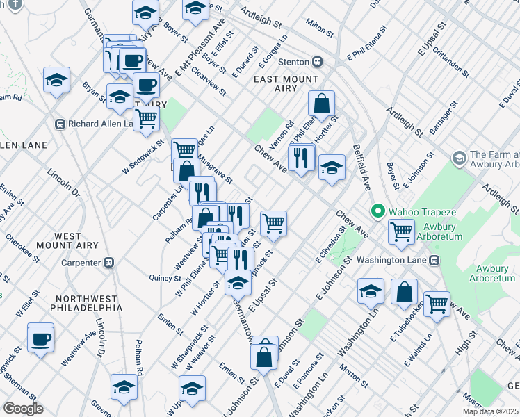 map of restaurants, bars, coffee shops, grocery stores, and more near 6666 Musgrave Street in Philadelphia