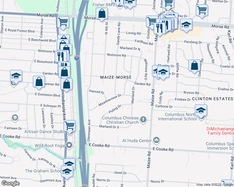 map of restaurants, bars, coffee shops, grocery stores, and more near 929 Meadowview Drive in Columbus