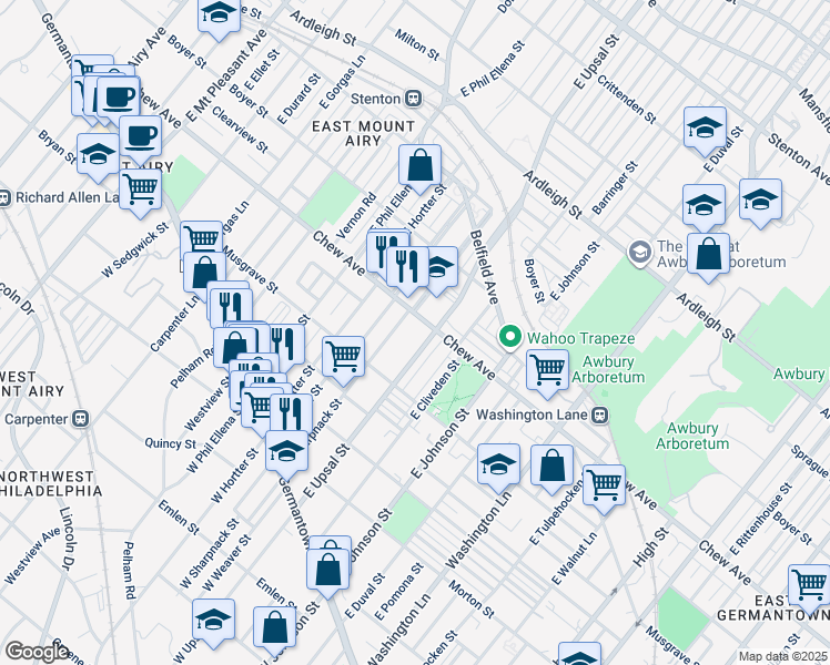 map of restaurants, bars, coffee shops, grocery stores, and more near 363 East Upsal Street in Philadelphia