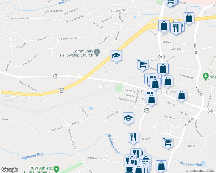 map of restaurants, bars, coffee shops, grocery stores, and more near 2411 Spring Water Circle in Lancaster