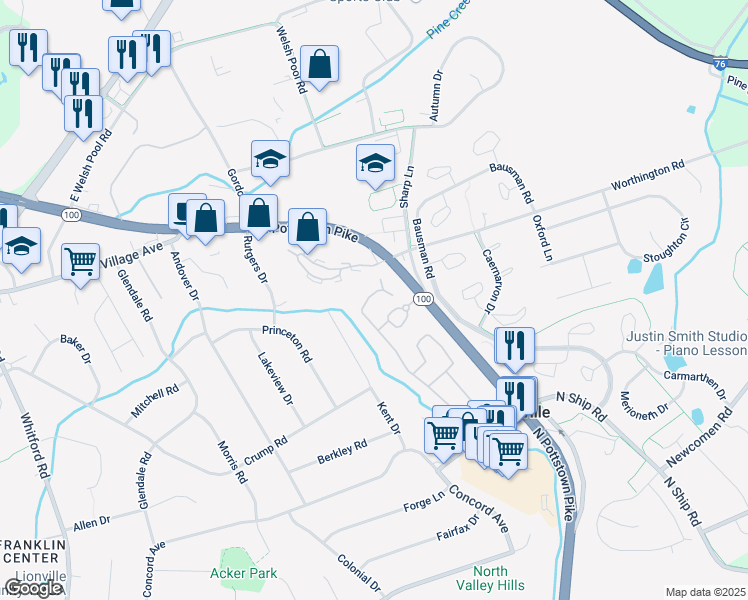 map of restaurants, bars, coffee shops, grocery stores, and more near 167 Heritage Lane in Exton