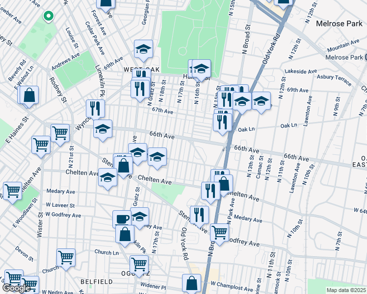 map of restaurants, bars, coffee shops, grocery stores, and more near 6539 North Smedley Street in Philadelphia