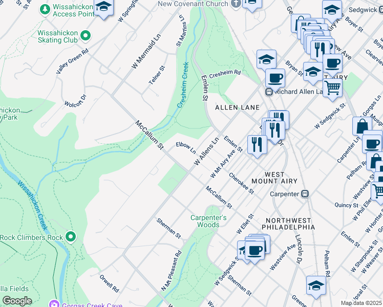 map of restaurants, bars, coffee shops, grocery stores, and more near 7304 Elbow Lane in Philadelphia