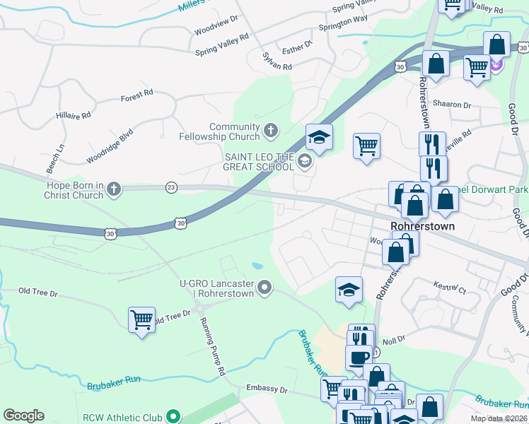 map of restaurants, bars, coffee shops, grocery stores, and more near 535 Red Maple Way in Lancaster