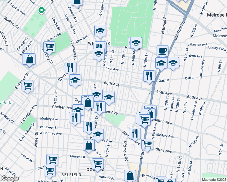 map of restaurants, bars, coffee shops, grocery stores, and more near 6531 North Bouvier Street in Philadelphia