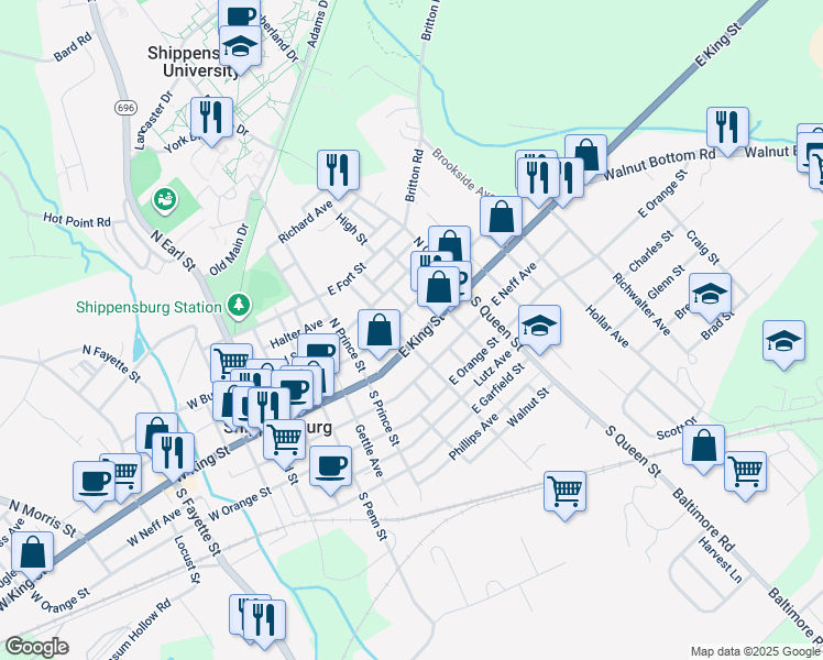 map of restaurants, bars, coffee shops, grocery stores, and more near 309 East King Street in Shippensburg
