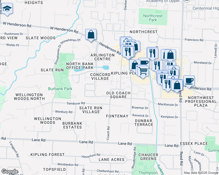 map of restaurants, bars, coffee shops, grocery stores, and more near 4751 Coach Road in Columbus