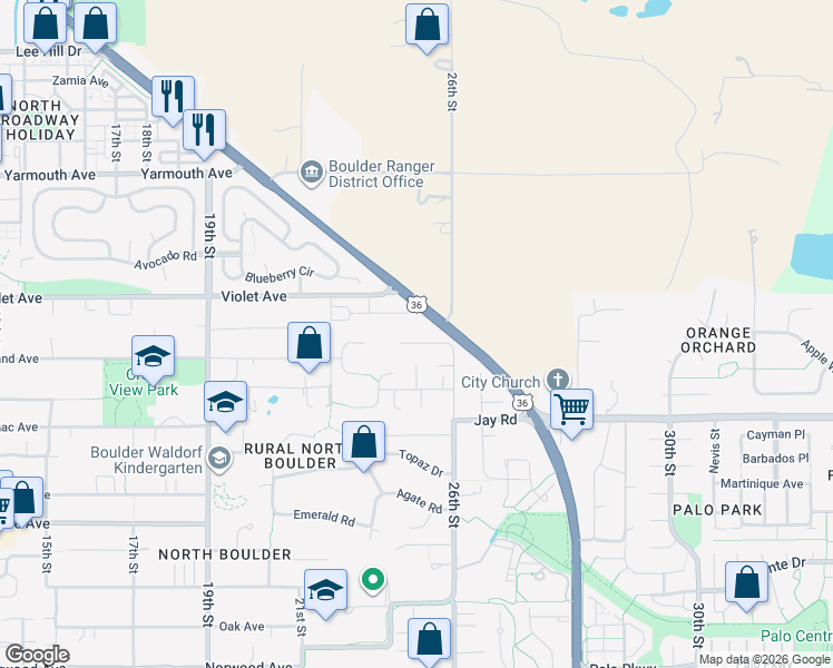 map of restaurants, bars, coffee shops, grocery stores, and more near 2546 Vine Place in Boulder