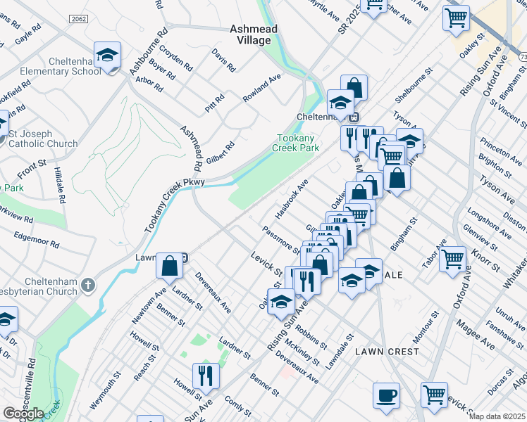 map of restaurants, bars, coffee shops, grocery stores, and more near 6440 Newtown Avenue in Philadelphia