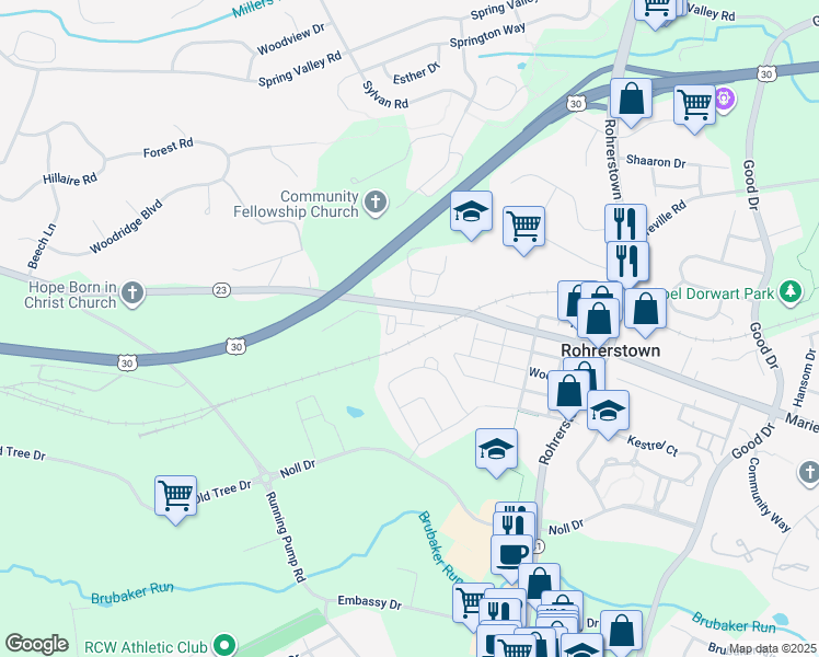 map of restaurants, bars, coffee shops, grocery stores, and more near 2411 Spring Water Circle in Lancaster