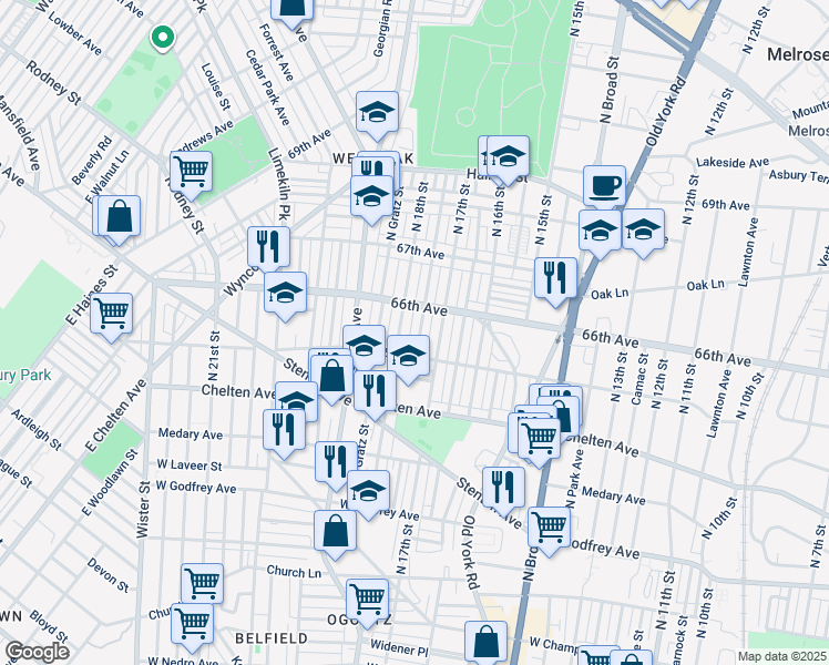 map of restaurants, bars, coffee shops, grocery stores, and more near 6528 North Bouvier Street in Philadelphia