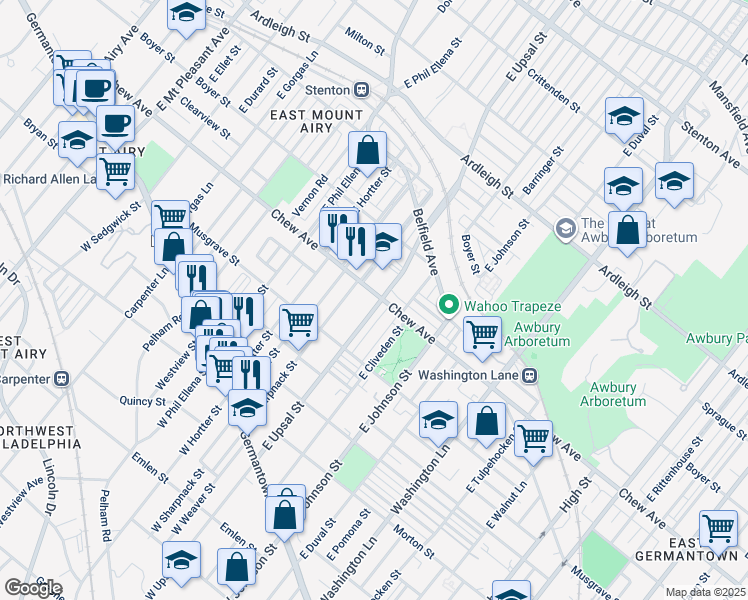map of restaurants, bars, coffee shops, grocery stores, and more near 375 East Upsal Street in Philadelphia