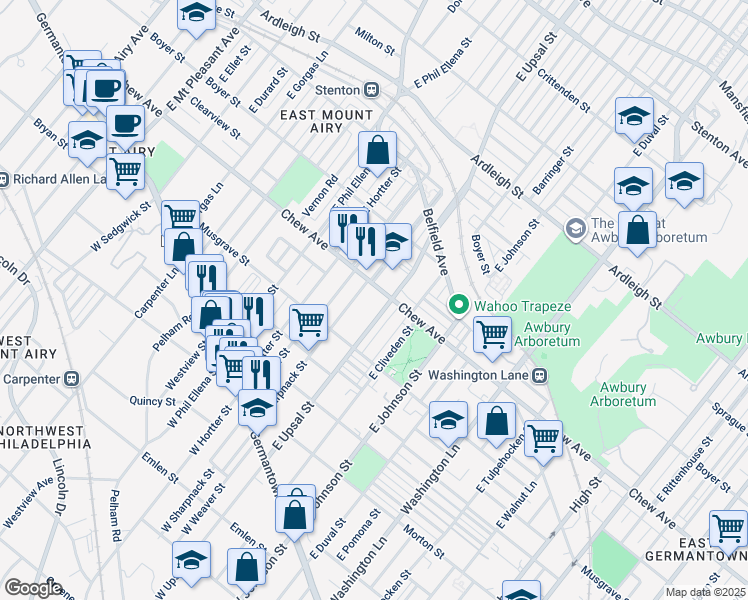 map of restaurants, bars, coffee shops, grocery stores, and more near 6508R Chew Avenue in Philadelphia