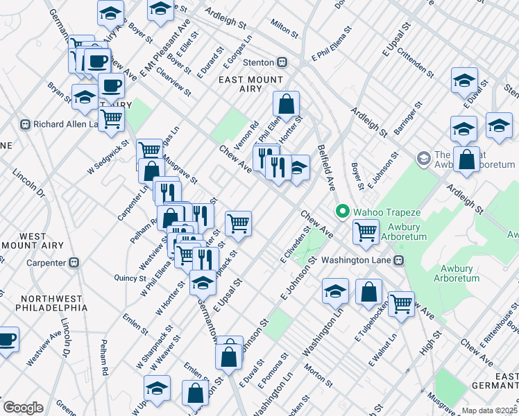 map of restaurants, bars, coffee shops, grocery stores, and more near 244 Montana Street in Philadelphia