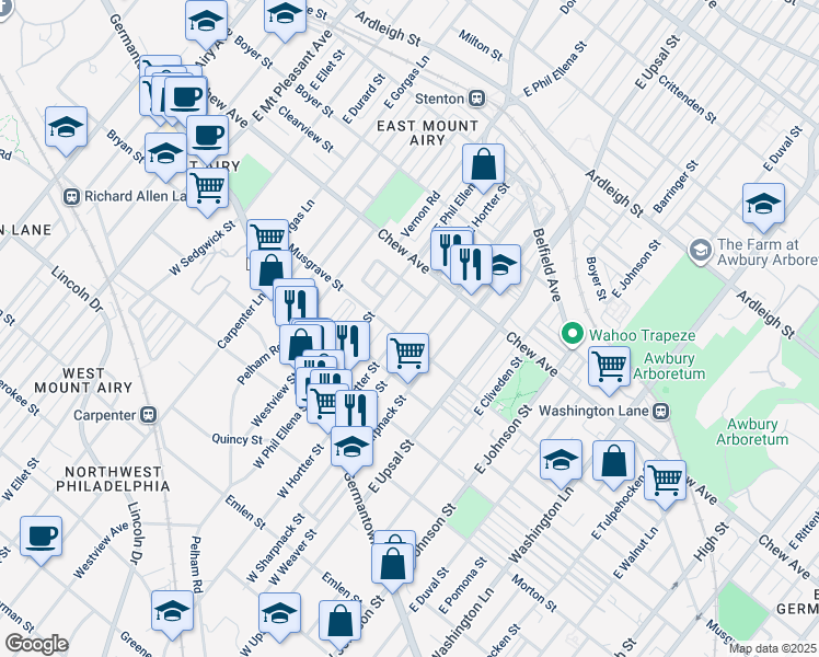 map of restaurants, bars, coffee shops, grocery stores, and more near 210 1/2 East Hortter Street in Philadelphia