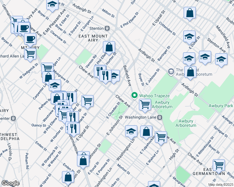 map of restaurants, bars, coffee shops, grocery stores, and more near 6471 Chew Avenue in Philadelphia
