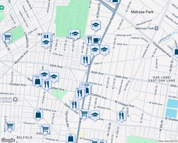 map of restaurants, bars, coffee shops, grocery stores, and more near N Broad St & 66th Ave in Philadelphia