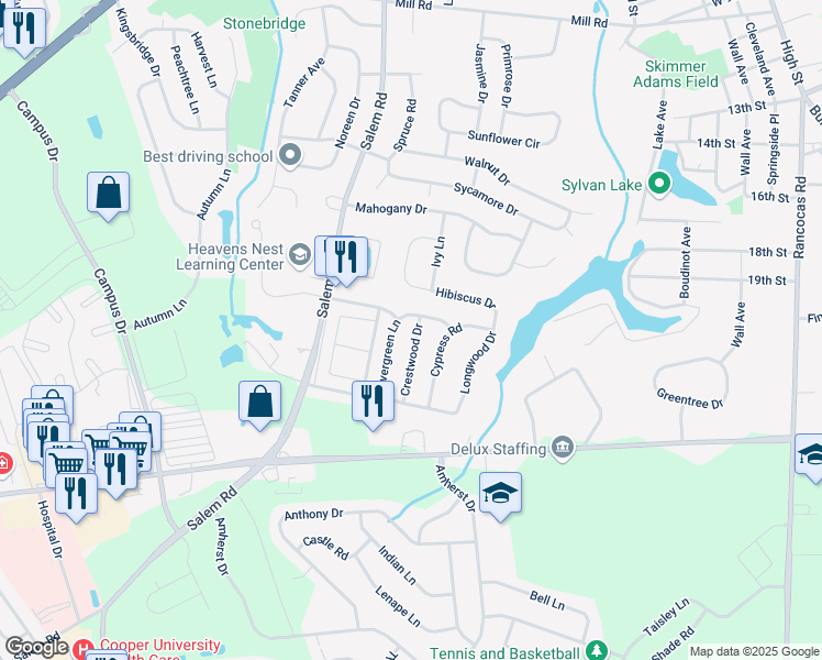 map of restaurants, bars, coffee shops, grocery stores, and more near 23 Evergreen Lane in Burlington