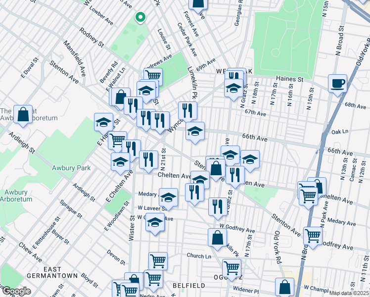 map of restaurants, bars, coffee shops, grocery stores, and more near 6521 North Woodstock Street in Philadelphia