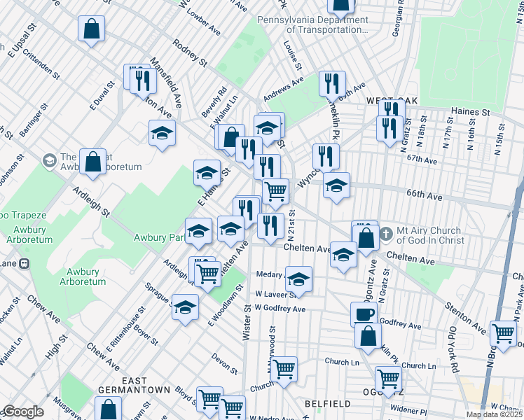 map of restaurants, bars, coffee shops, grocery stores, and more near 6514 North Beechwood Street in Philadelphia