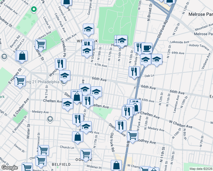 map of restaurants, bars, coffee shops, grocery stores, and more near 6515 North Smedley Street in Philadelphia