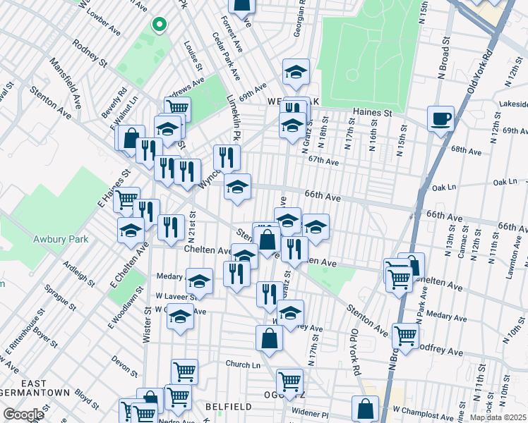 map of restaurants, bars, coffee shops, grocery stores, and more near 6516 North Uber Street in Philadelphia