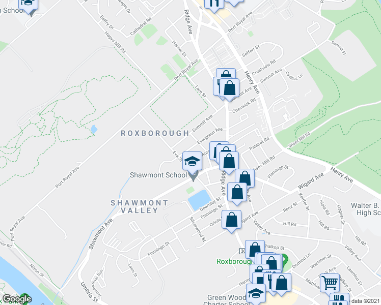 map of restaurants, bars, coffee shops, grocery stores, and more near 453 Evergreen Avenue in Philadelphia