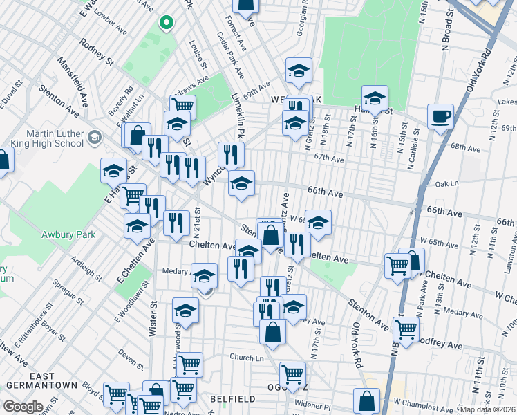 map of restaurants, bars, coffee shops, grocery stores, and more near North 20th Street in Philadelphia