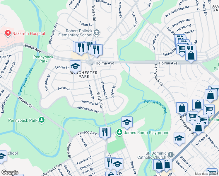 map of restaurants, bars, coffee shops, grocery stores, and more near 3120 Draper Street in Philadelphia