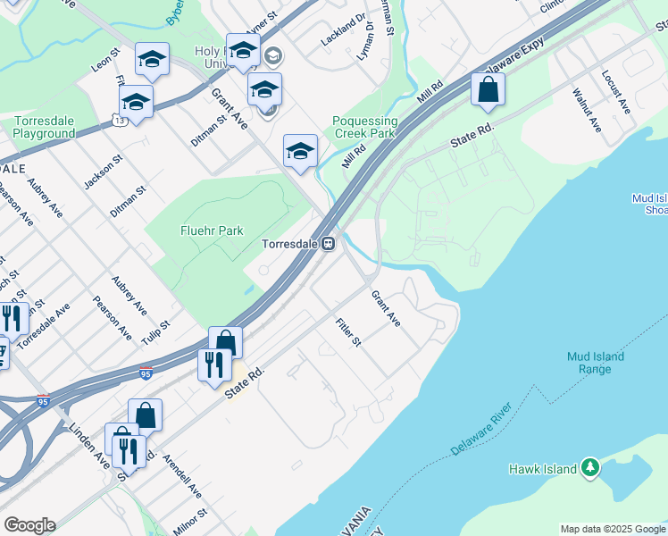 map of restaurants, bars, coffee shops, grocery stores, and more near 9576 James Street in Philadelphia