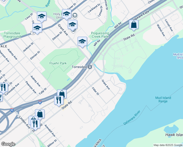 map of restaurants, bars, coffee shops, grocery stores, and more near 9607 James Street in Philadelphia