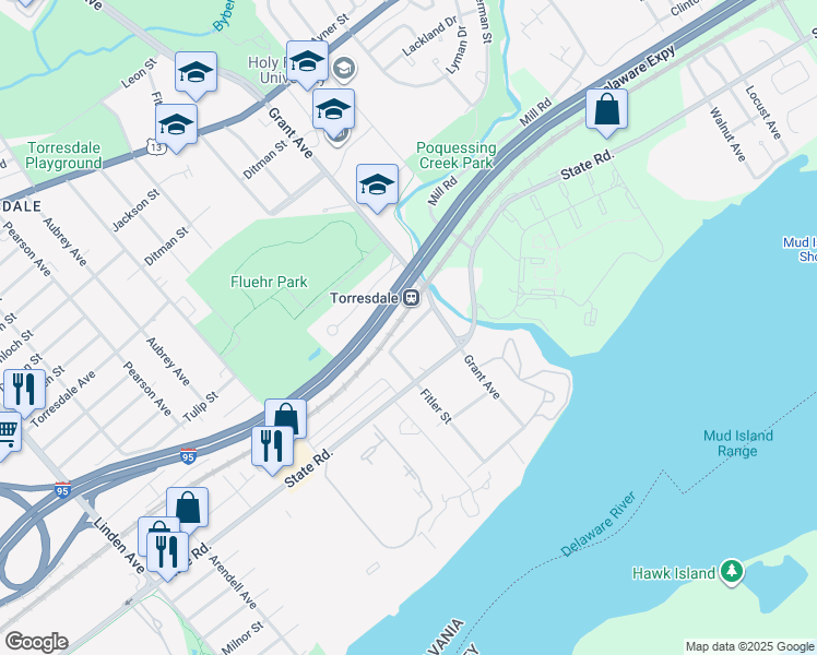 map of restaurants, bars, coffee shops, grocery stores, and more near 9607 James Street in Philadelphia