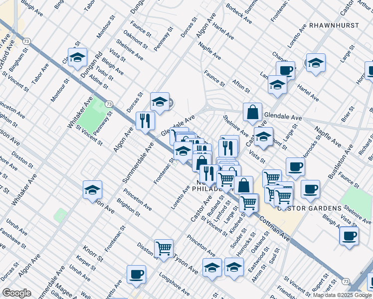map of restaurants, bars, coffee shops, grocery stores, and more near 7312 Shisler Street in Philadelphia